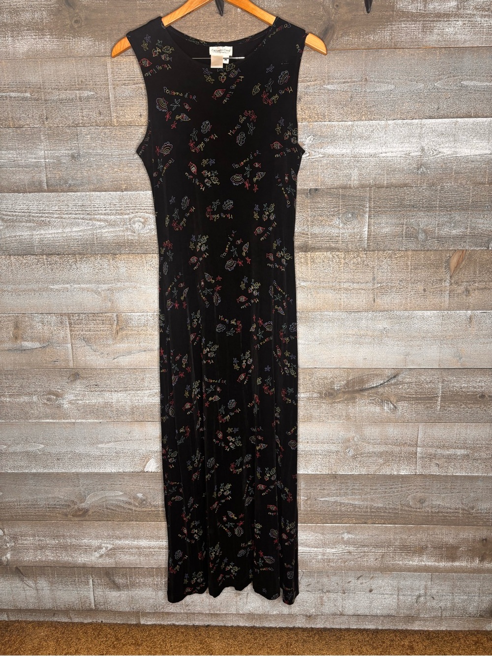 Coldwater Creek vintage 90s Y2K Black fish printed Sleeveless slinky Maxi Dress